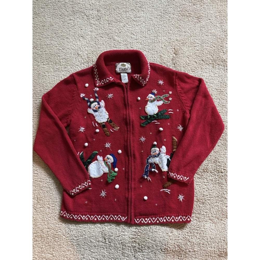 Tiara International Christmas Sweater Zip Up Cardigan Red With Snowmen Sz Small